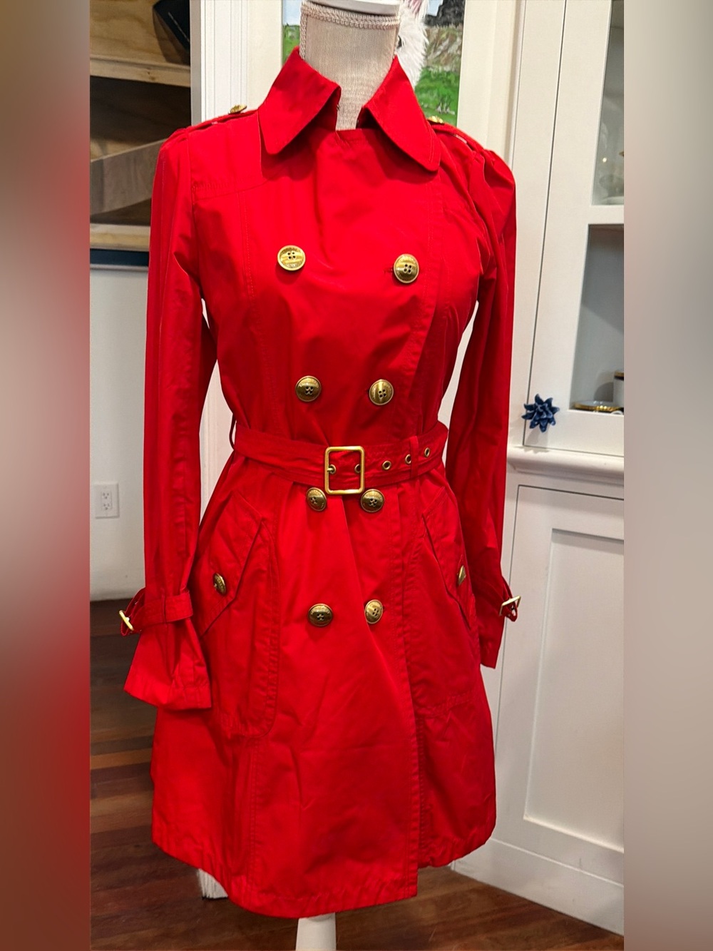 Burberry Red Double-Breasted Trench Coat with Gold Buttons - Picture 6 of 10